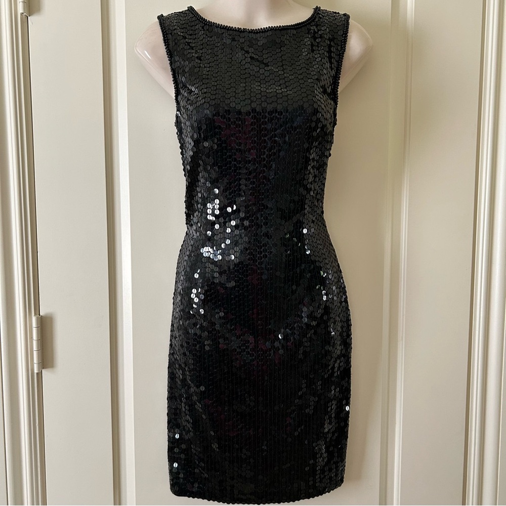 Vtg 80s/90s NITELINE Black Sequin Party Dress, Sexy Caged Beaded Back, EUC 6